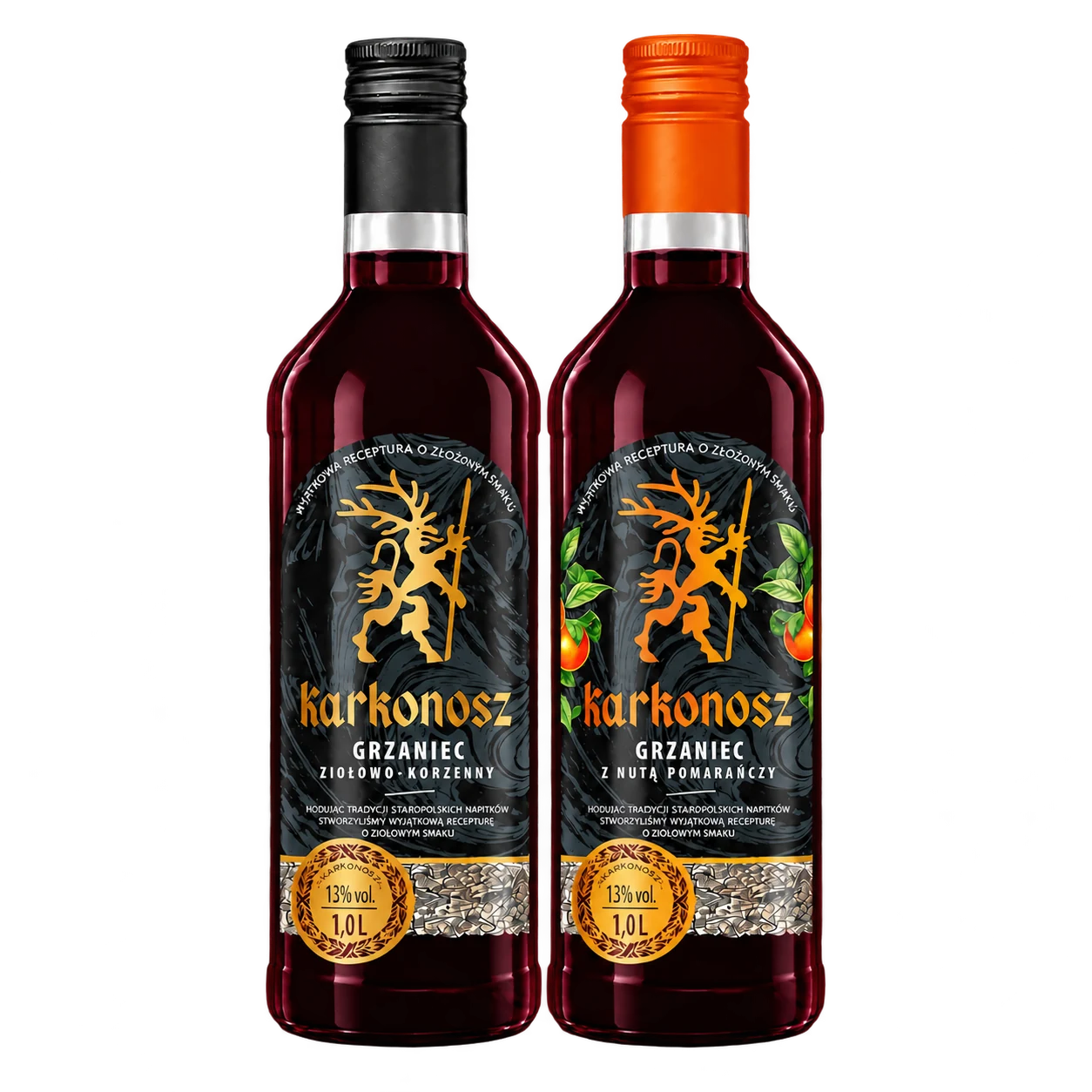 Karkonosz herbal and spiced and orange mulled drinks side by side against Śnieżka in winter